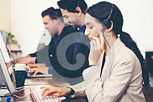 Call center and customer service team support for information operator at work.Â 